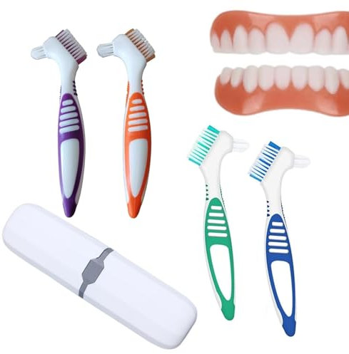 Spazzola Pulizia Dentiera, Spazzole Protesi Dentale, Spazzola per Denti Finti 4 Pezzi, con Custodia Portatile Bianca, Setole Multistrato, Testine a Doppia Angolazione, per La Cura Della Protesi