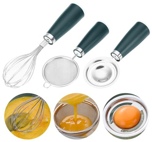 Separador de huevos de acero inoxidable, 3 piezas, herramienta vertical para separar yemas con asas, mini batidor de malla, filtro de aceite, cuchara, separador de huevos, separador de huevos, juego