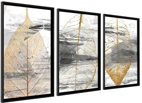 DekoArte - Cuadros decoración salon modernos hojas 50x70cm x3 con marco | Set 3 cuadros con marco color negro, impresión abstracta geométrica en tonos gris, blanco y dorado, listos para colgar