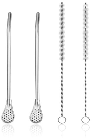 Lot de 2 cuillères à paille et 2 brosses en acier inoxydable, pailles polyvalentes, gobelets Yerba maté en acier inoxydable, accessoires pour boire du thé, cuillère filtrante, convient pour le thé, le