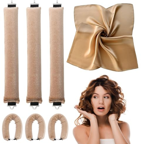 3pcs Hitzefreie Locken über Nacht,mit quadratischem Kopftuch für Frauen,Lockenwickler ohne hitze zum Schlafen,für das Haarwickeln und Schlafen in der Nacht (Kopftuch, Champagner)