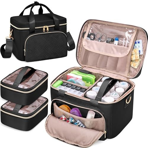 Prokva Medizin Lagerung Tasche mit 2 Medizinischen Taschen, Pille Flasche Veranstalter Tasche Leere Erste-Hilfe-Tasche für Reisen, Home Healthcare, Schwarz (Nur Leere Tasche)