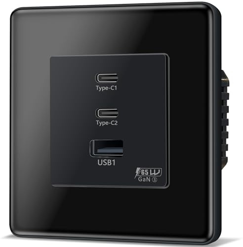 TAWOIA Schuko Steckdose, 65W Type C und USB Schnelllade Schnittstelle für Mobiltelefone, Tablets und Laptops, 2,5D Curved Glas Platte Unterputz Wandsteckdose Usb C Schwarz 86 * 86mm