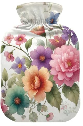 Bunte Blumen Blooming3 Wärmflasche mit weichem Bezug, Bett, Hand-, Fußwärmer, Wintergeschenk, Wärmbeutel für Menstruationskrämpfe, 1 l