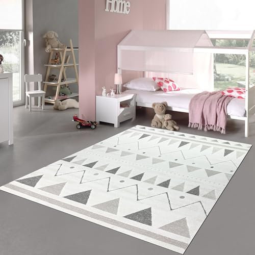 Teppich-Traum Teppich Kinderzimmerteppich kuschelig Hoch-Tief-Effekt Dreieckmuster mit Zig-Zag Creme beige, 160 x 230 cm