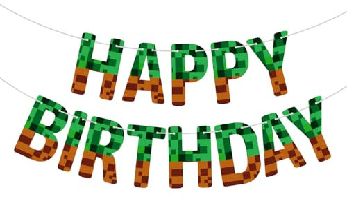 Gosknor Pixel Happy Birthday Banner, Minecraft Theme, Green, Brown, 7in, Standard Banner, Tear Resistant, 3 Pieces