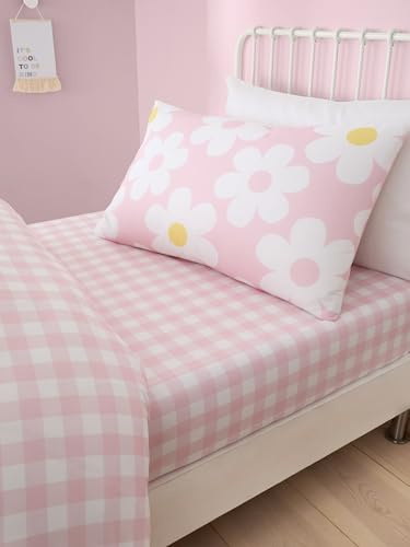 Bedlam Pink Check Bed Sheet - Single Fitted Sheet (190 x 90 cm) - Gingham Plaid Fitted Sheet in Pink - Floral Bedding for Girls - Polyester