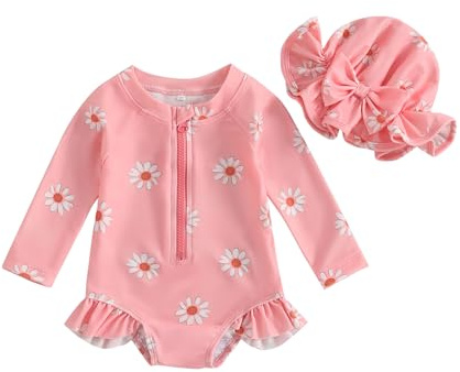 Loalirando Ensemble Maillot de Bain Bébé Fille Anti-UV, Haut Zippé et Bonnet Assorti (6 Mois-3 Ans)