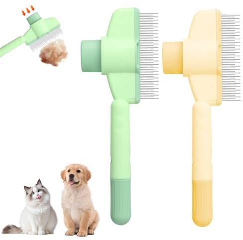 Selbstreinigender Flohkamm für Katze und Hund, 2 Stück Grün + Gelb Flohkamm für Katzen, Selbstreinigender Katzenkamm, Multifunktionale Katzenbürste mit Auslöseknopf, für Langhaar und Kurzhaarkatzen