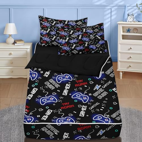 Nesker Zipper Bedding Twin Black Game Zip Up Bedding Set for Boys and Kids, Neon Gaming Gaepad 3 Pcs Comforter Bed in a Bag with Fitted Sheet and 2 Pcs Pillowcases