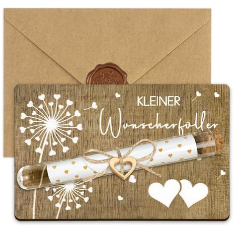 Wunscherfüller Geldgeschenk Geburtstag, Hochzeitskarte Holz mit Umschlag | Geldgeschenke Hochzeit mit Reagenzglas, Wunscherfüller Karte im Löwenzahn-Design, kreative Geschenkverpackung