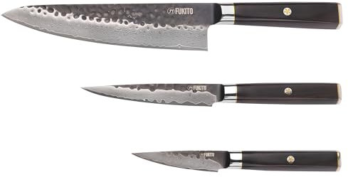 Fukito - Coffret 3 Couteaux de Cuisine Ébène Damas VG10 - Couteaux Chef 20cm + Universel 12cm + Office 9cm - Lame 67 couches ultra tranchante - Manche ergonomique en bois d’ébène