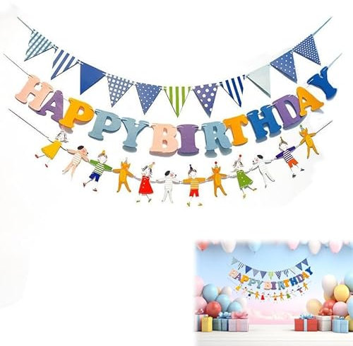 Azlanway Happy Birthday Girlande Set con banderines y cadena de figuras – Coloridas decoraciones de cumpleaños infantiles para niños y niñas – Decoración colgante para baby shower, primer cumpleaños