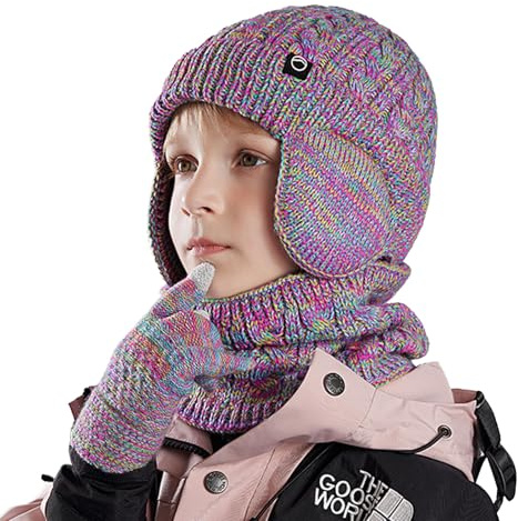 Fjquamitix Kids Winter Hat Scarf and Gloves Set,Warm Thermal Knitted Beanie Cap（with Earmuffs） Snood Neck Warmer Touchscreen Mitten with Soft Fleece Lining for Girls Boys Age 5-11
