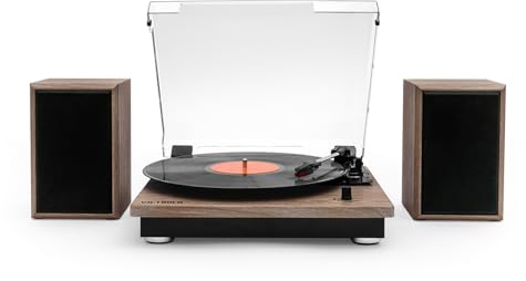 Victrola Montauk vinylskivspelare, 3-hastighets remdriven skivspelare med stereobluetooth-högtalarpar, RCA-utgång och 3,5 mm hörlursuttag, avtagbart dammskydd, lantlig valnötsfinish