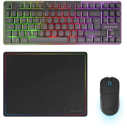 Mars Gaming MCPWTKL, Español, Combo Gaming Inalámbrico, Tecnología DualPro Link 2.4GPRO, Teclado TKL FRGB Rainbow + Ratón RGB 3200DPI y Switches HUANO + Alfombrilla Antideslizante 360x260mm, Negro