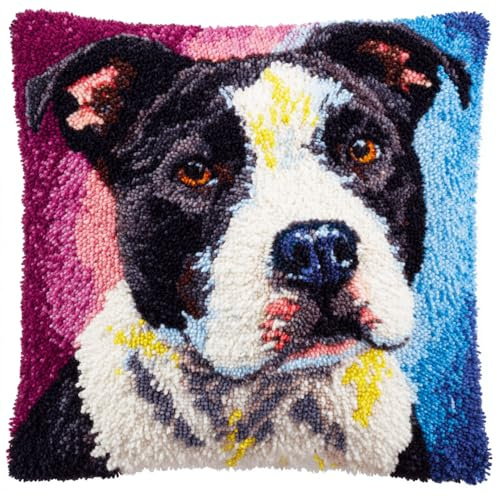Rqwybcaxn DIY Latch Hook Kits,Dog Staffordshire Bull Terrier 17X17Inch Needlepoint Pillow Kit, Half Cross Stitch Kit, Embroidery Kit, Latch Hook Cushion Cover Hobby & Crafts