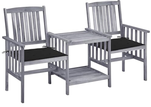 Qnhdfrt Gartenstühle mit Teetisch und Kissen aus Massivholz Akazie Grau 159 x 61 x 92 cm Robuste Bistro Garnitur für Terrasse Balkon und Garten