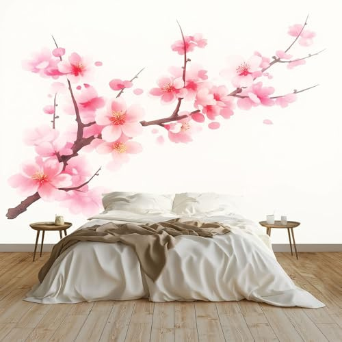 Generico Art Murals Carta da Parati 3D Fiori Di Pesco Rosa Tradizionali Cinesi Moderna Fotomurali Decorazione da Muro Poster 250x175 cm per Camere da Letto, Cucine, Soggiorni, dei Bambini, Crema