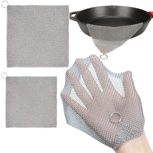2 spugne abrasive in acciaio inox per la pulizia della ghisa, di grado professionale, antigraffio, in acciaio inox, per la pulizia di pentole, padelle, piatti, rimozione ruggine, spugne abrasive da