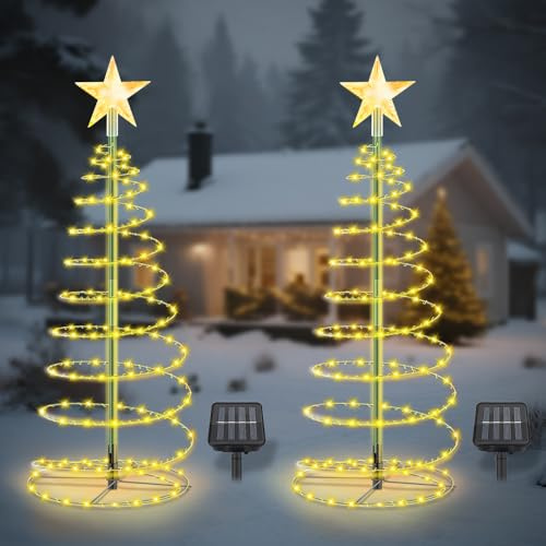 WDKXCN Solar Weihnachtsbaum Außen, 2 Stück Weihnachtsbaum Beleuchtung Aussen Solar mit 8 Modi, 60CM Spirale LED Weihnachtsdeko für Außen, Wasserdicht Lichter Aussen für Weihnachten Deko Gartendeko