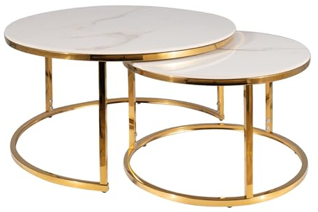SIGNAL MEBLE, PORTAFINO, Couchtisch, 2-teilig, Keramik-Tischplatte, Luxus Couchtisch Set, Gold-Metallgestell, Ø60/45cm, Weiß/Gold
