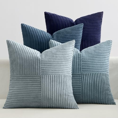 EMEMA Kissenbezug Kordsamt Patchwork Kissenhülle 40x40 Dunkelblaue Serie | 4er Set Zierkissenbezug Dekokissen Sofakissen Kord Dekorative Kissen für Sofa Sessel Zuhause Schlafzimmer