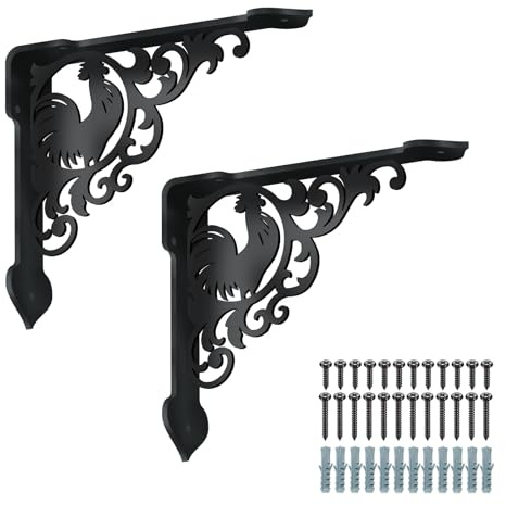 SUPERDANT 2 Pack Rooster Shelves Brackets Heavy Duty Metal Shelf Brackets Decorative Wall Shelf Black Iron Shelving Bracket for Kitchen Bookshelf Fireplace Mantel Corbels Corner Brace Gifts 8.3x6.8in