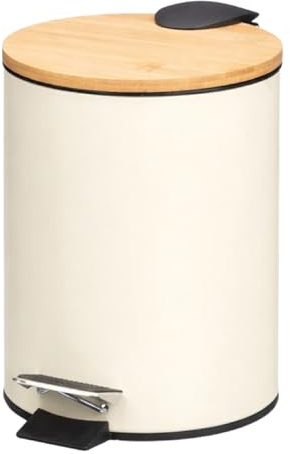 TIENDA EURASIA – Papelera Baño | Metal + Tapa de Bambú | Capacidad 3L | Medidas 17x21x23.5 cm y Cubo Interior 16.8x16.8x18.2 | con Pedal (Beige)