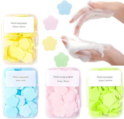 NoraGlaze 240 Pcs Portable Soap Sheets for Travel – Mini Paper Hand Wash Flakes, Pocket-Sized Single-Use Soap with Plant Extracts, Floral Petal Design, Compact Case for Kids, Students & Outdoor Use
