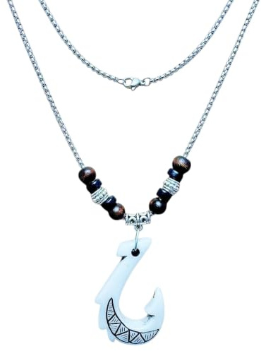 LAVIP Maui Fish Hook Pendant Necklace with Wooden Beads,Black, Silver Chain | Rolo Chain, Stainless Steel, Round Box Chain
