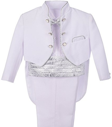 Lito Angels Liten Unge Pojkar Smoking Bröllopskostym & Blazers, Dop Formell Outfit 5 Stycken Set med Silver Jacquard Cummerbund, Ålder 2-3 år, Vit