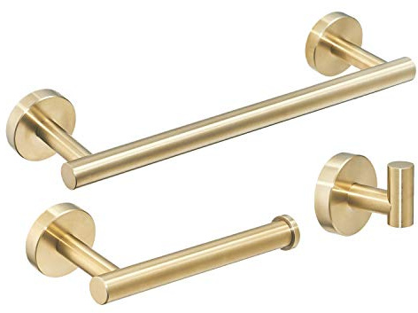 Brushed Gold Bathroom Accessories Wall Mounted Towel Rail Robe Hook Toilet Roll Paper Holder, SUS 304 Stainless Steel Bathroom Hardware Set (3 Pieces)