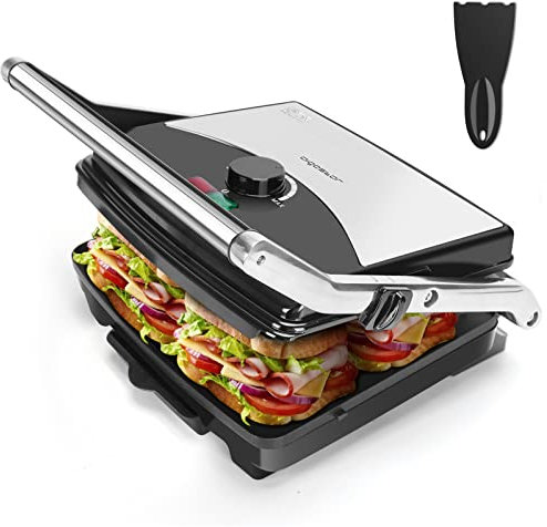 Aigostar Multifunktions-Grill, 2000 W, Panini-Gerät mit Antihaftplatten, anpassbar in der Höhe, Oberfläche 29 x 23 cm, abnehmbarer Fettbehälter, vertikale Aufbewahrung, Spachtel