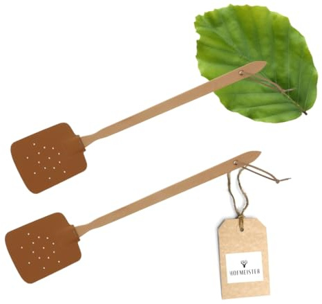 2X HOFMEISTER® Fliegenklatsche, Buchenholz & Leder, 47,5 cm, aus Europa, praktischer Mücken-Schläger gegen Insekten, Klatsche mit Lederband zum Aufhängen, Fliegenpatsche & Insektenvernichter