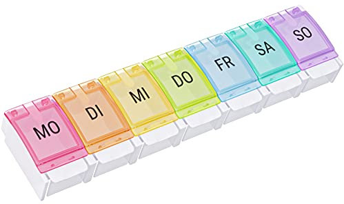 WELLGRO Tablettenbox für 7 Tage - Pillendose - 1 Fach pro Tag - Klappdeckel mit Druckverschluss - Material BPA-freier Kunststoff (PP) - Farbe wählbar, Farbe:Bunt