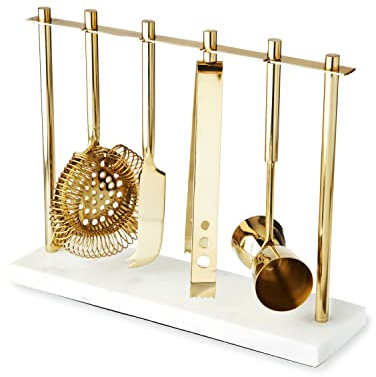 Twine Bar Tool Set Includes Hawthorne Strainer, Citrus Knife, Ice Tongs, Double Jigger with Marble Display Stand for Classic Cocktails and Cold Brew Drinks, Home Bar Cart Accessories, 4-Piece, Gold