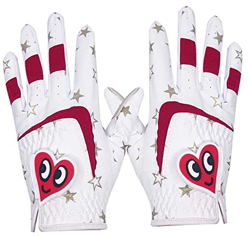 Harilla 2 X Golfhandschuhe für Kinder Links Rechts Golfhandschuh mit Herzmuster, All Weather Leder Grip Golfhandschuh Comfort Fit Größe für Kinder Jungen & Mädchen