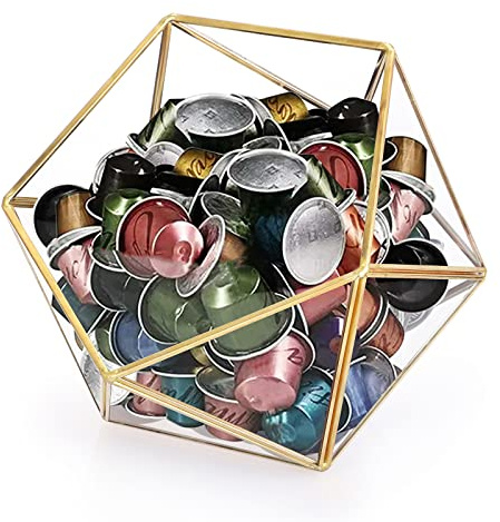 ELLDOO Gold Glass Coffee Pods Holder, 15 Sided Geometric Box Coffee Pod Organizer for K Cup Espresso, Tea Bags Sugar Packets Coffee Capsule Storage Holder for Kitchen Coffee Bar Office Desktop Counter