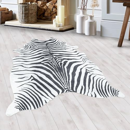 HomebyHome Alfombra de Pieles Piel sintética Tejida Plana Diseño de Cebra Sala de Estar Dormitorio Suave y Lavable Forma de Animal Antideslizante Negro, Color:Negro, Tamaño:100x135 cm