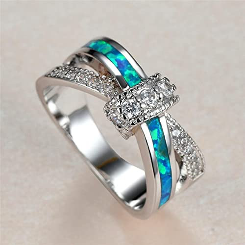 Boho Weiblicher Blauer Opal-Stein-Ring-Charme-Silber-Farben-dünne Eheringe Für Frauen-Nette Braut-kristallbowknot-verlobungsring