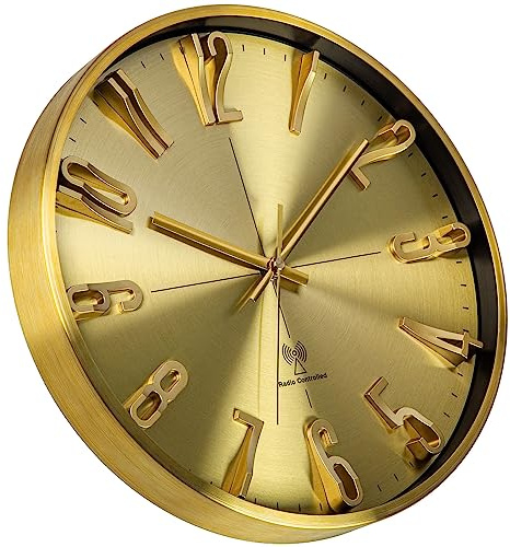 Warminn Wanduhr Funk Lautlos Funkuhr Wand Wanduhr Ohne Tickgeräusche 30cm Quarz Batterie Groß Einfach zu Lesen für Zimmer Zuhause Küche Wohnzimmer Schlafzimmer Büro Schule (Gold)