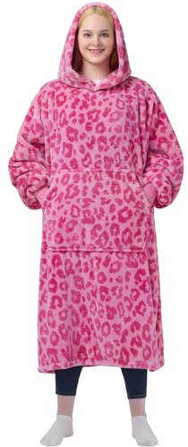 Waitu Wearable Blanket Sweatshirt Gifts for Women and Men, Warm and Cozy Hoodie, Thick Flannel Hoodie with Sleeves and Pocket, Blanket Robe for Adults and Kids - Leopard Pink