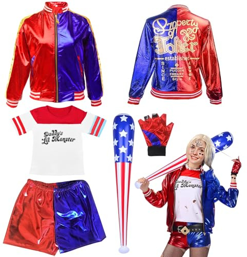 SHOWHEEL Harley Kostüm Damen, Quinn Karneval Halloween Faschings Cosplay Kostüme mit Jacke T-Shirt Shorts Handschuh für Erwachsene Mädchen
