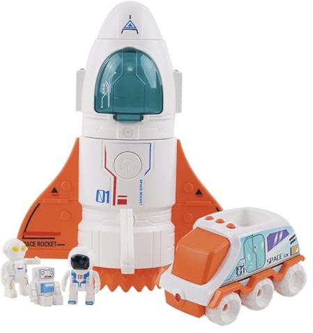 Jomifin Spaceship Toy for Boys Girls, Space Shuttle Toys with Lights and Sound, 3 Astronauts Figure, Openable Cockpit, Spray Exhaust, Astro Venture Space Playset with Lunar car (Orange)