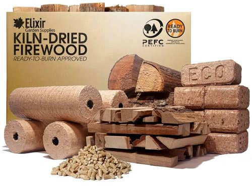 Elixir Gardens Kiln Dried Firewood | Round Birch Briquettes | Premium, Recycled Compressed Wood Heat Fuel Logs for Stoves, Log Burners & Open Fires | 5 Pack x 5
