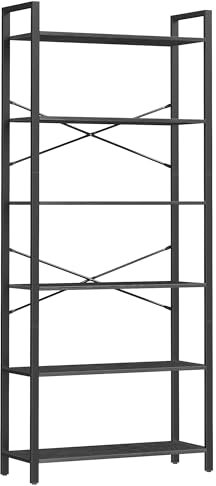 VASAGLE Bücherregal 6 Ebenen, Standregal mit Stahlrahmen, freistehendes Regal, Wohnzimmer, Schlafzimmer, Arbeitszimmer, 30 x 80 x 186 cm, Industrie-Design, ebenholzschwarz-tintenschwarz LLS082B56