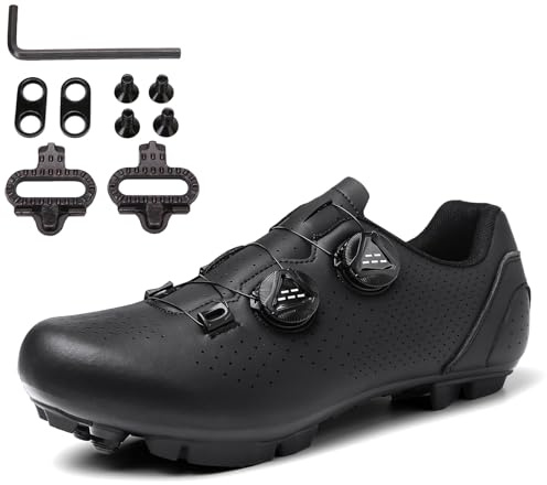 PENXZT MTB Schuhe Herren Radschuhe Fahrradschuhe Kompatibel mit Shimano SPD 2-Bolzen Pedalen mit Cleats, Mountainbike Schuhe mit Schnalle,Schwarz,43 EU