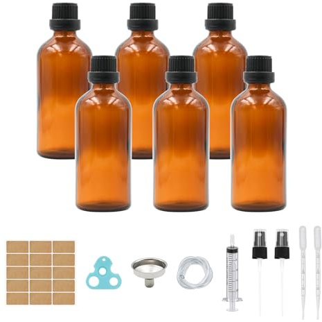 100ml-6Stk Braunglasflasche, Tropfflasche aus Glas Bernsteinglasflasche Apothekerflasche Set inkl.kleine Glasflaschen Tropfereinsatz Verschluss Trichter Spritze Etikett Hilfsmittel (Braun, 100ml-6Stk)