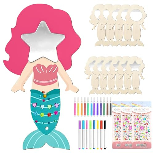 Ainiv 12 PCS Mermaid Craft Set, DIY Painting, Mini Wooden Mermaid Princess Mirror, Wooden Craft Creative DIY Mirrors for Holiday Party Decoration